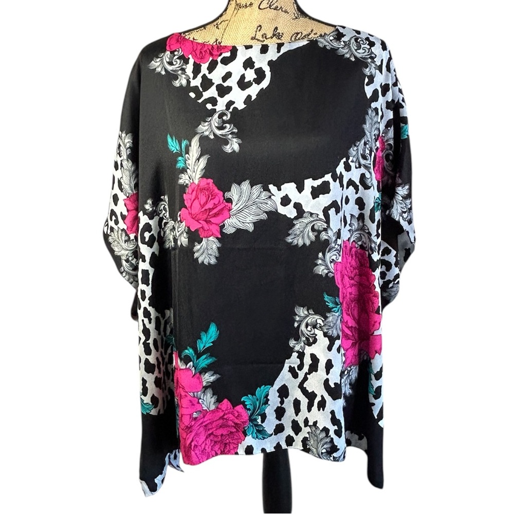 IMAN Reversible Global Chic Floral and Animal Printed Poncho Style Top - NWOT